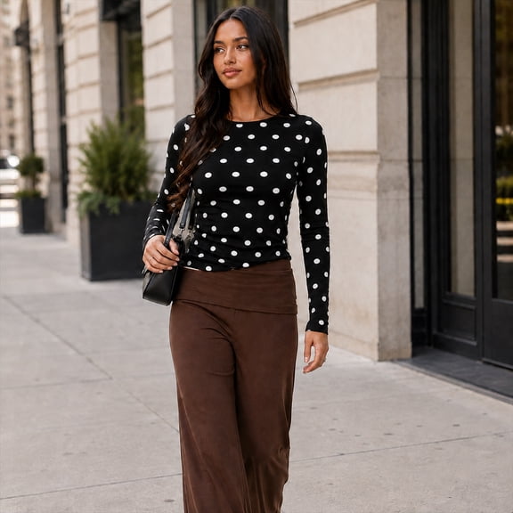 Women Polka Dot Long Sleeve Tops Underscrub Polka Dot Slim Fitted Going Out Shirt Trendy Going Out Fall Tee Shirt