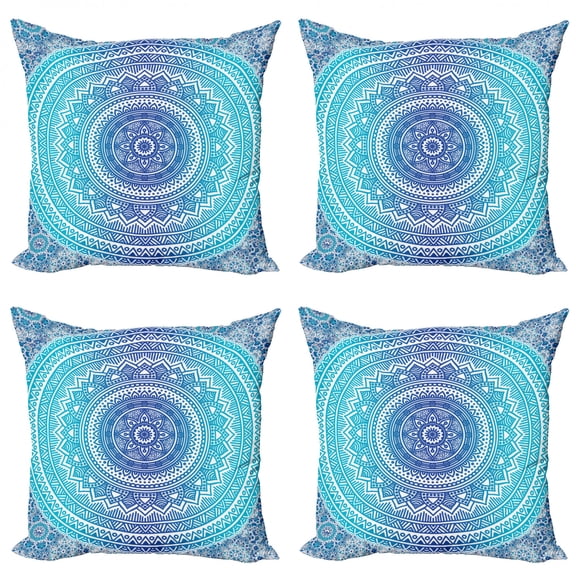 Teal and Lime Throw Pillow Cushion Case Pack of 4, Ombre Mandala Pattern with Flower and Petals Hippie Style Art, Modern Accent Double-Sided Print, 4 Sizes, Teal Lime and White, by Ambesonne