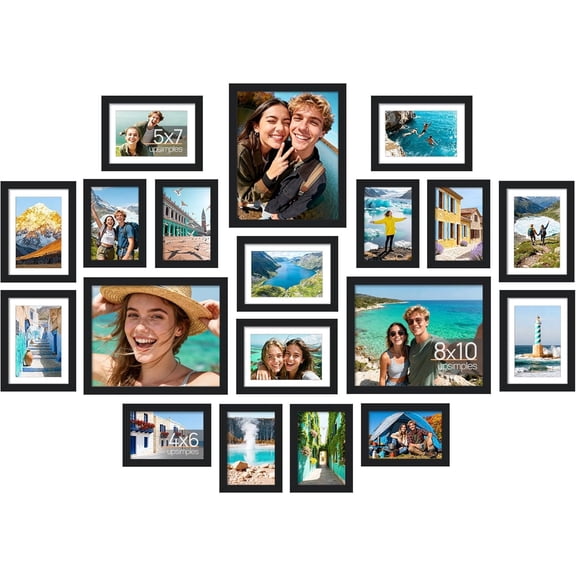 19 Pack Picture Frames Collage Wall Decor for Mounting or Tabletop Display, Photo Gallery Frame Set for Family, Multi Sizes Including 8x10, 5x7, 4x6, Black