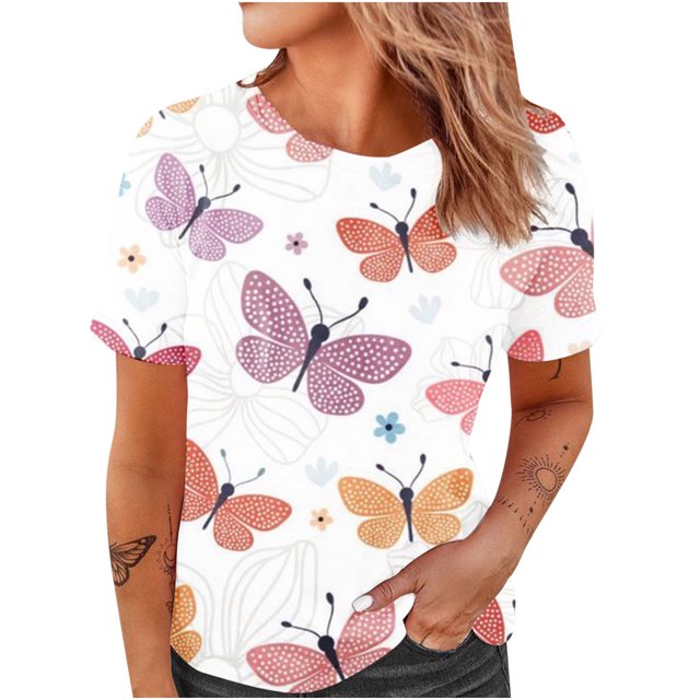 Blusa informal de manga corta con cuello redondo y estampado de verano a la moda para mujer Pompotops hkajfhjk467923