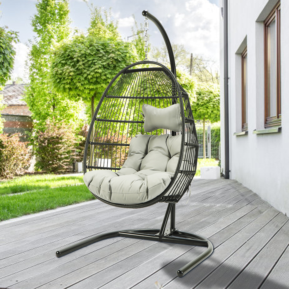 uhomepro Outdoor Egg Chair Patio Furniture, Hanging Wicker Egg Chair with Stand, Hammock Chair, Swinging Egg Chair, Swing Chair for Beach, Backyard, Balcony, Lawn Seating, Light Gray Cushion, W11049 - image 1 of 11
