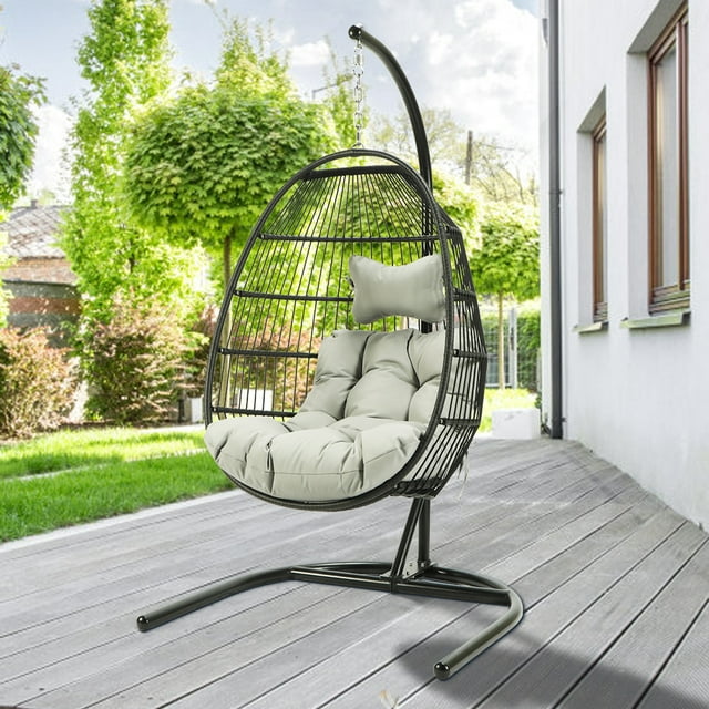 uhomepro Outdoor Egg Chair Patio Furniture, Hanging Wicker Egg Chair with Stand, Hammock Chair, Swinging Egg Chair, Swing Chair for Beach, Backyard, Balcony, Lawn Seating, Light Gray Cushion, W11049