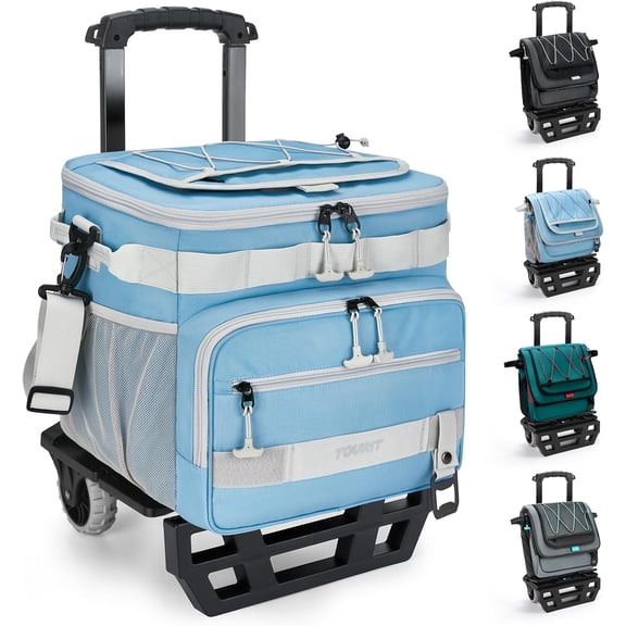Collapsible Wheeled Cooler with All-Terrain Cart, Insulated Soft-Sided Cooler Bag, 48-Can Capacity, 28L, Light Blue