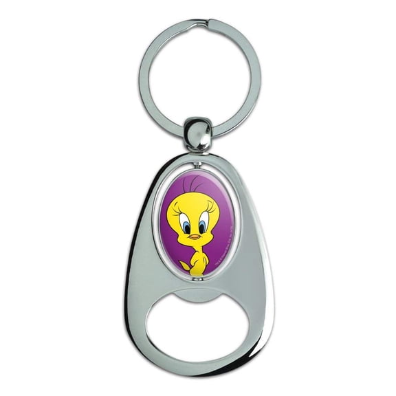 Looney Tunes Tweety Bird Keychain Chrome Metal Spinning Oval Bottle Opener