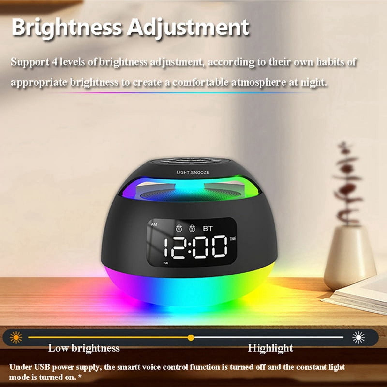 Portable LED Alarm Clock Radio RGB ColorfulLight Radio Receiver Wireless Bluetooth Speaker with DualAlarm Clock Snooze,A