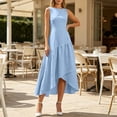 thumbnail image 4 of XUNKUSGA Summer Dress Fashion Boat Neck Sleeveless Ruffle Flowy Asymmetrical Hem Dresses for Women Solid Color Cotton Linen Midi Dress for Beach,Party,Cocktail,Blue,L, 4 of 9