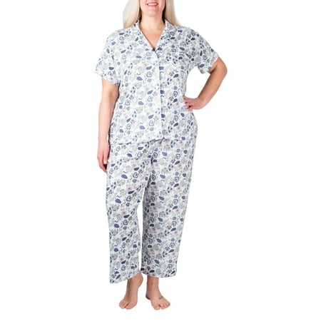 

BLIS Pajamas Notch Collar Button Up Top with Matching Capris Polyester Blend Pajama Set for Women