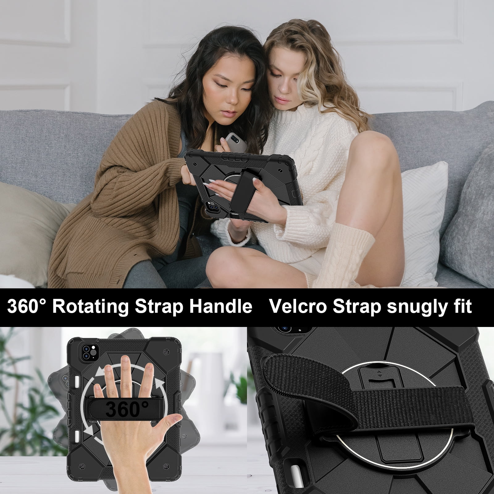 Shockproof Case for Apple iPad (A16) 11th Gen 11" 2025/ iPad 10th Gen 10.9" 2022, Rotating Kickstand Heavy Duty Protective Kids Friendly Pencil Holder Shoulder Strap Hand Strap Bumper Cover,Black