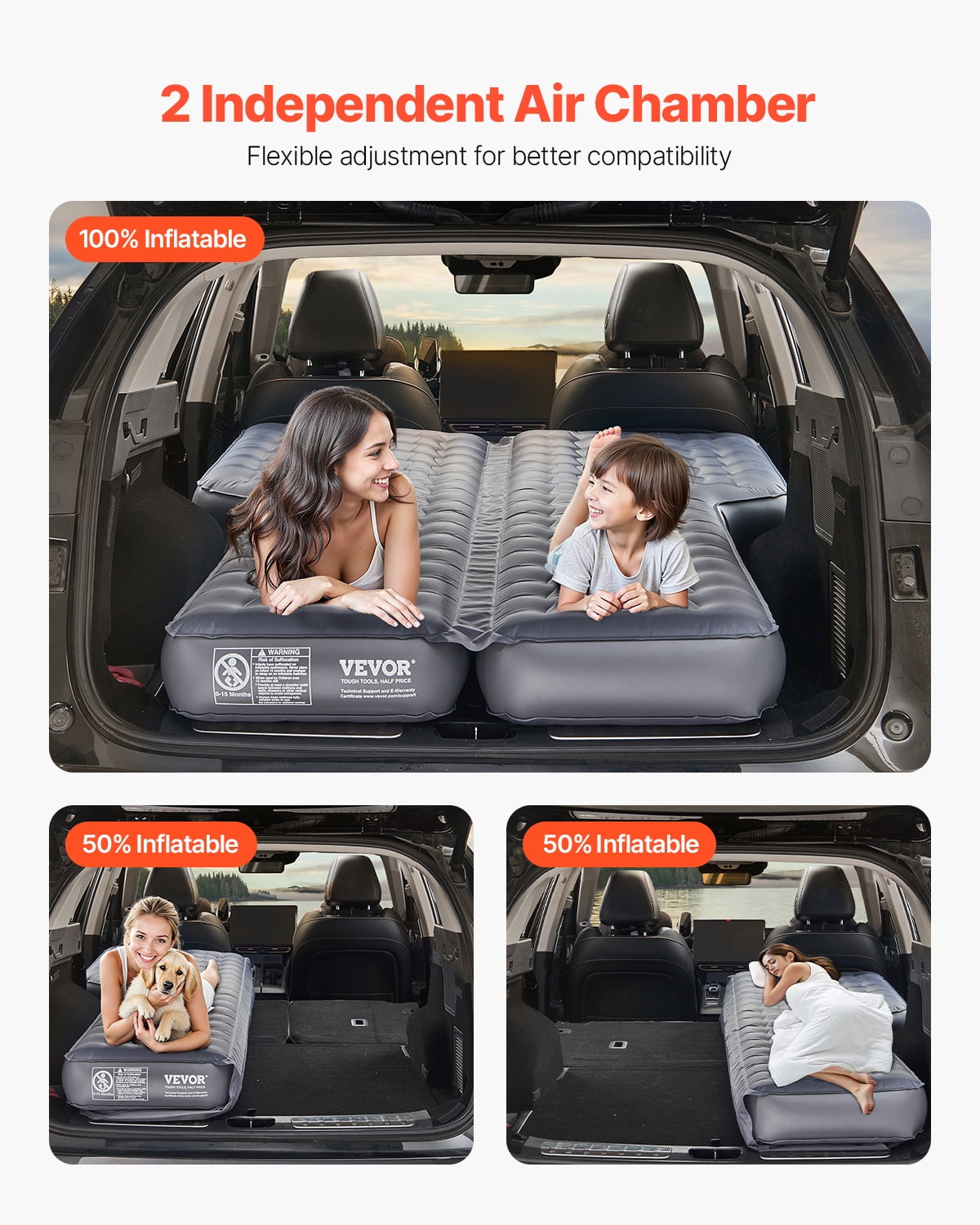 VEVOR Car Air Mattress, Inflatable Car Camping Mattress, Oxford Thickened Travel Beds, Comfortable and Durable Portable Sleeping Pad with Air Pump, Nozzle, Carry Bag, Fits Most SUV MPV Sedan, Gray