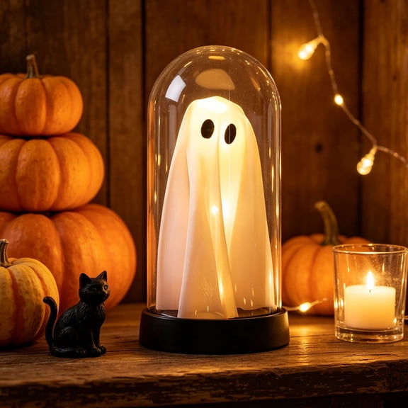 Halloween Decor, Halloween Decorations Indoor-Light Up Ghost in Glass Cloche, Cute Ghost with Light, Color Changing Dome Night Lamp for Bedroom Desktop Party Gift
