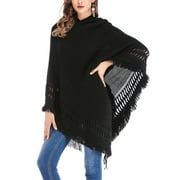 Womens One Piece Hoodie Poncho Knitted Poncho Tassels Cape Shawl with Fringed Hem, Crochet Poncho Shawl Wrap Scarf Knitting Patterns
