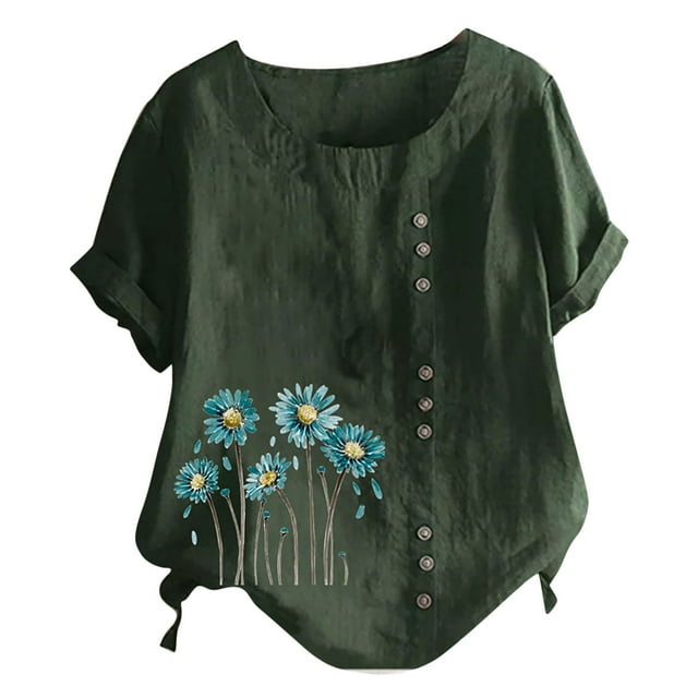 DPTALR Chemise Décontractée d'Été pour Femmes Col Rond Manches Courtes Imprimé Floral Ample