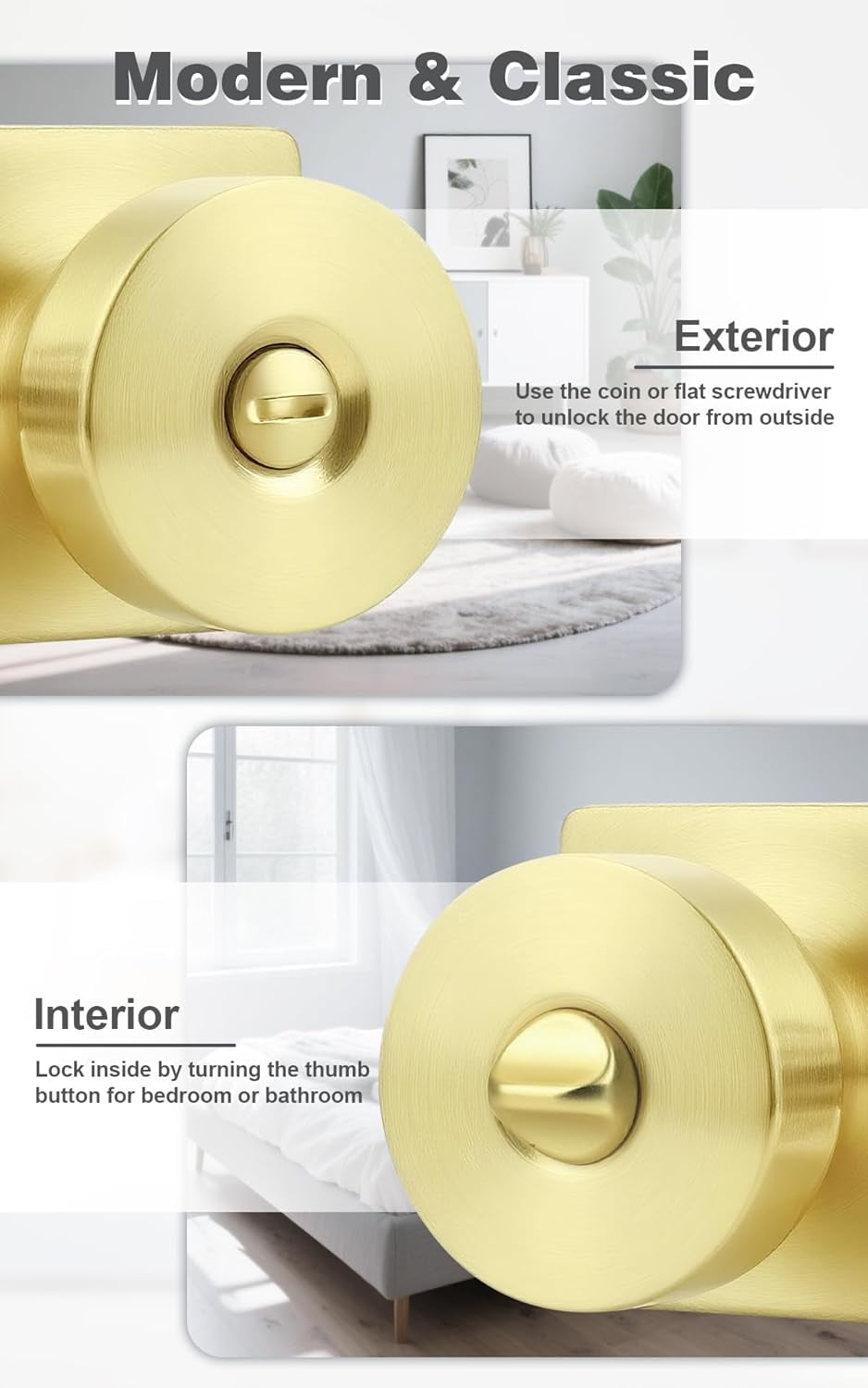 Bedroom Door Knobs Interior, Privacy Keyless Door Handles for Bedroom or Bathroom, 1 Pack Square Panel Door Knob in Brushed Gold Finish