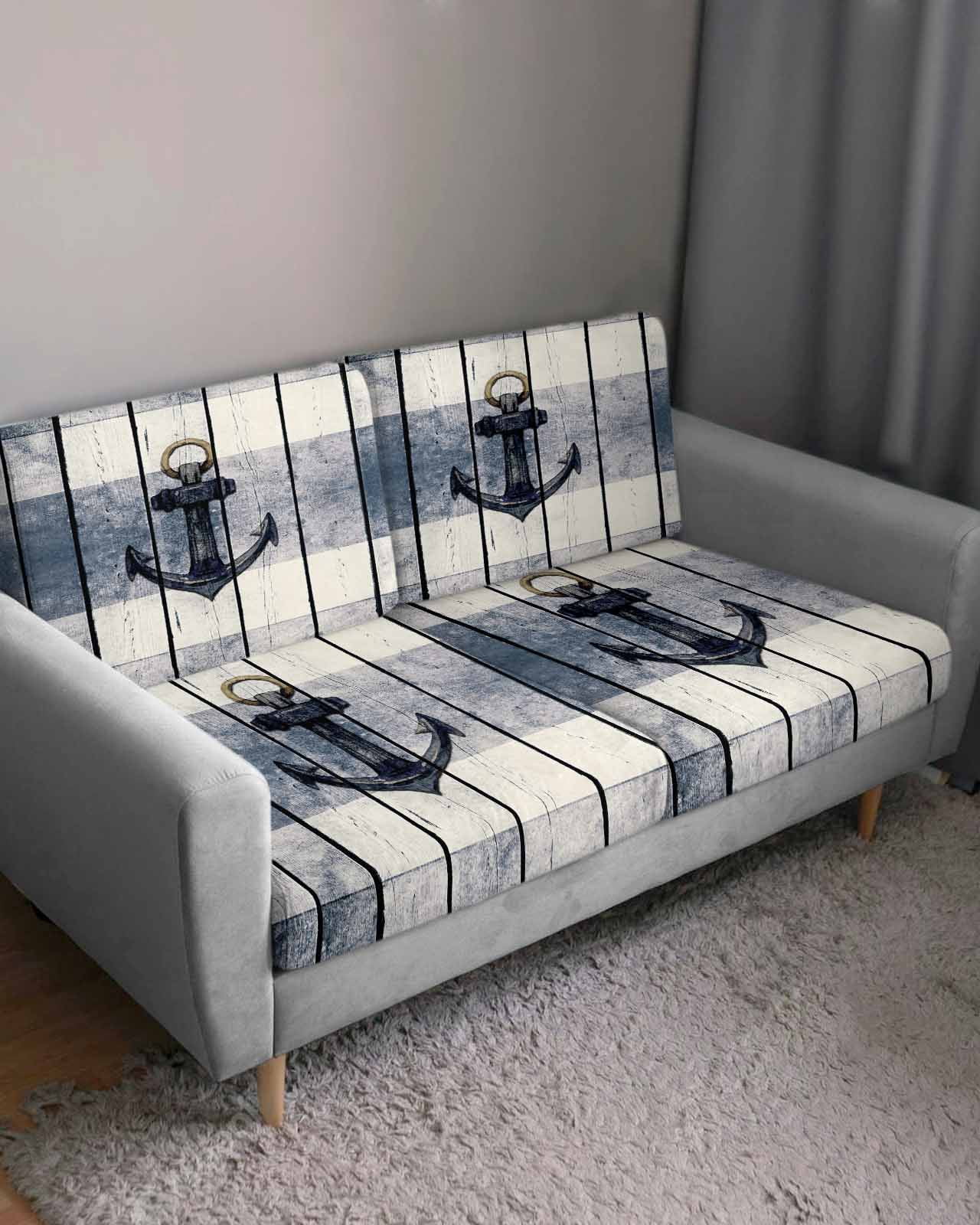Navy Blue Nautical Couch Cushion Covers, Stretch Seat Cushion Covers for Sectional Sofa, Coastal Blue Striped Vintage Loveseat Sofa&nbsp;Slipcovers Furniture Protector with Elastic&Straps Medium 1Pcs