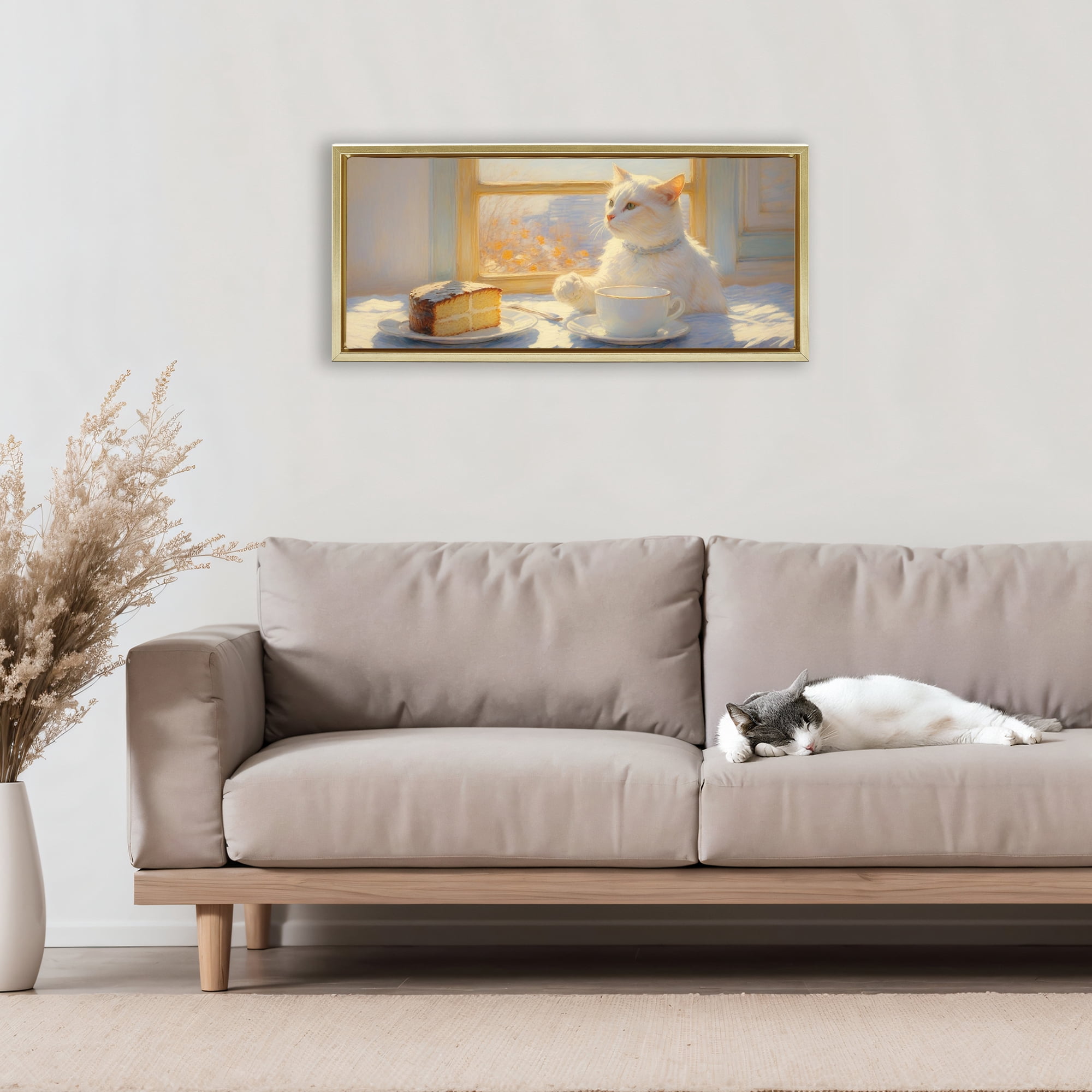 Stupell Industries Sunlit Tea Party Cat Gold Framed Floater Canvas Wall Art, design by Angie Hawke