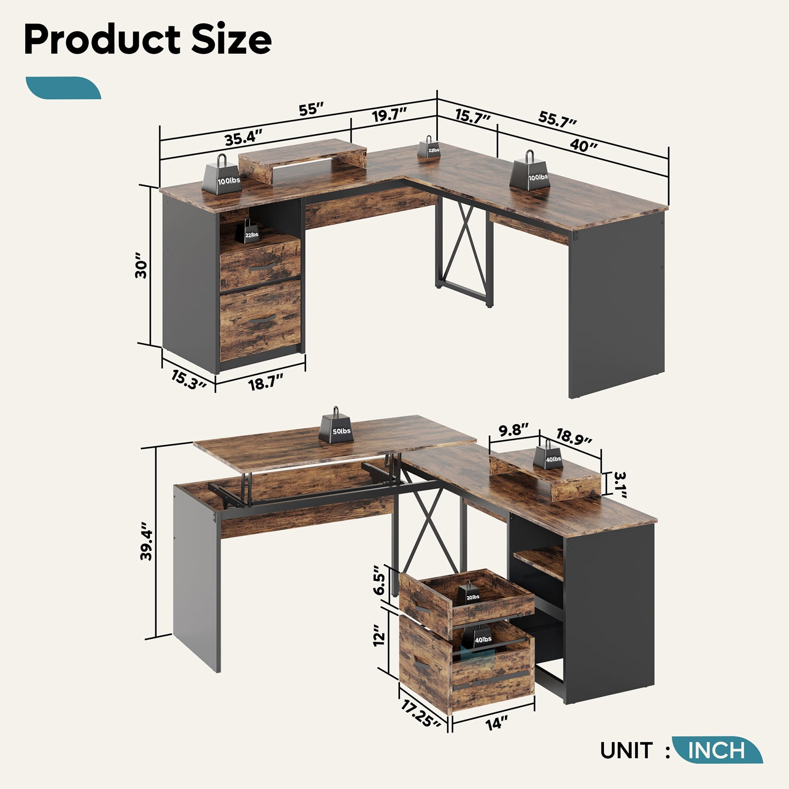Bestier 55 inch L-Shaped Lift Top Desk with Storage, Sit to Stand Computer Desk with Monitor Stand & File Drawer in Rustic Brown