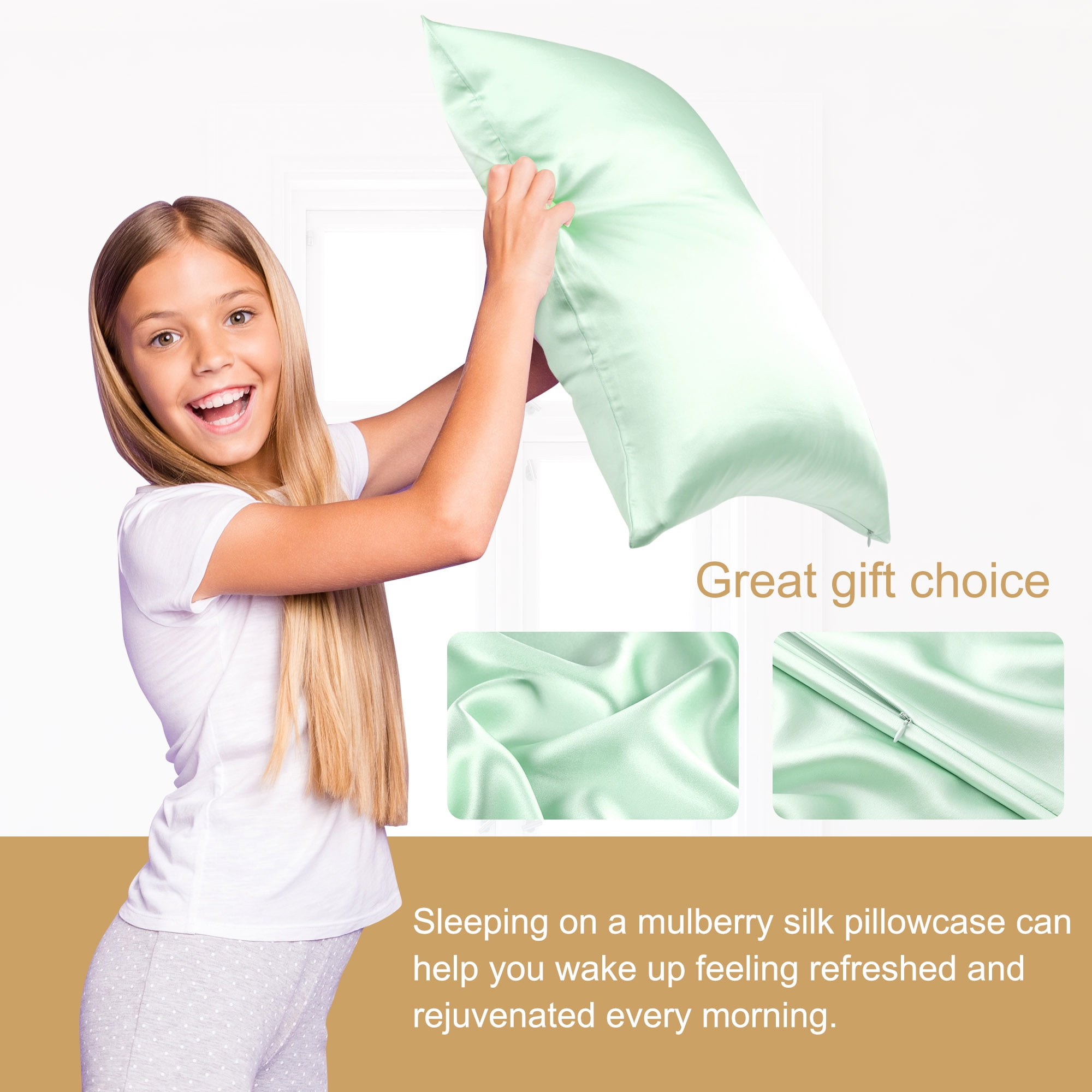 PiccoCasa Pure Silk Pillowcase with Zipper, Travel(14"x20"), Light Green, 1 Piece