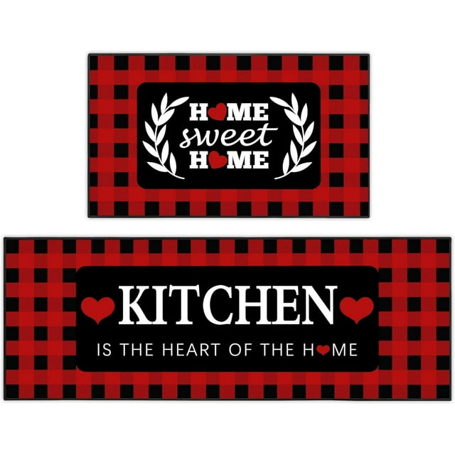 Red and Black Buffalo Plaid Kitchen Rug Set of 2, Farmhouse Style Kitchen Floor Mats, Absorbent Checkered Kitchen Decor Rugs 17 * 30+17 * 47 Inches