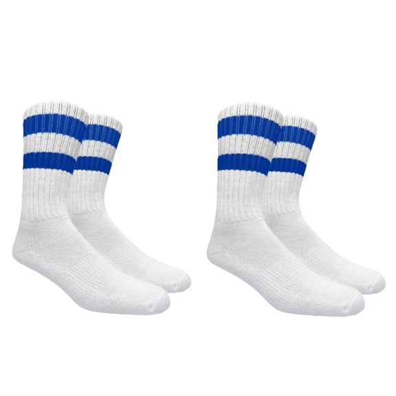 Couver Unisex Cushioned Striped Athletic Crew Socks 2-Pack White Blue Size 9-11
