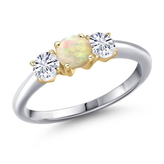 Gem Stone King 925 Silver and 10K Yellow Gold White Ethiopian Opal and White Moissanite Engagement Ring for Women | 0.76 Cttw | Round Cabochon 5MM | Gemstone October Birthstone | Size 7