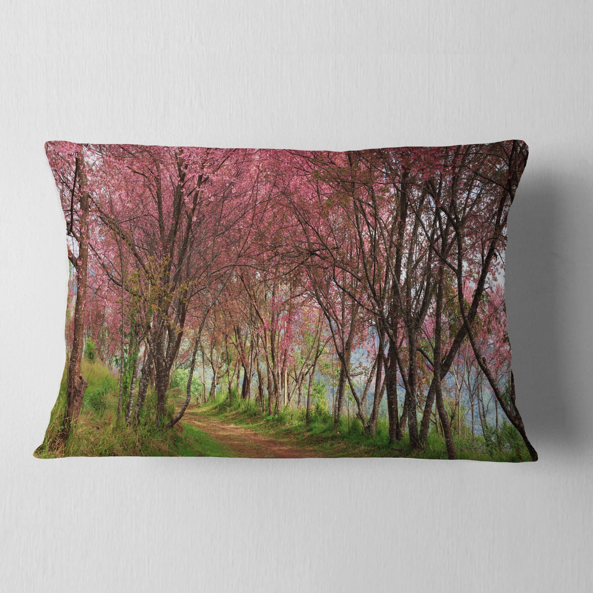 Designart Sakura Pink Flowers in Thailand - Landscape Printed Throw Pillow - 12x20