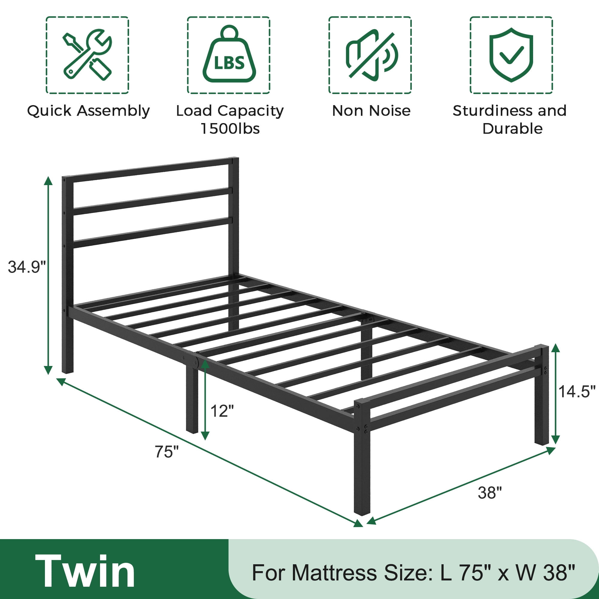 Napcenter 12 inch Twin Bed Frame with Headboard and Footboard, Metal Platform No Box Spring Needed, Easy Assembly, Black