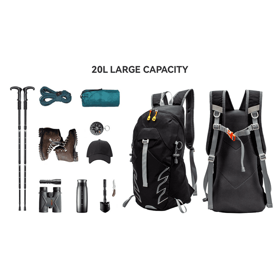 Outdoor Backpack - Foldable 25L Large Capacity Backpack with Accessories, Black