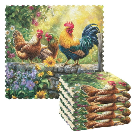 Qxltty Beautiful Rooster Kitchen Towels Set of 6 Ultra Soft Absorbent Quick Drying Dish Cloths 11 x 11in
