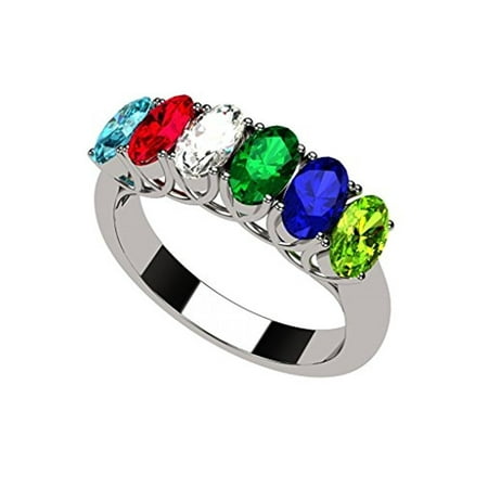 Pink Transparent Ring - Oval Cut Lucita Style 1 to 7 Simulated Birthstones - Mother's Birthstone Ring- Sterling Silver-Size 5