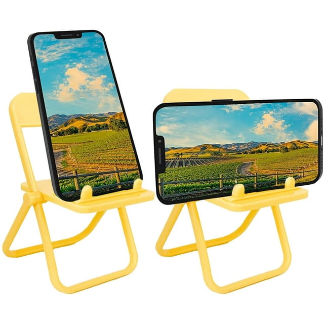 2Pcs Mini Chair Shape Cell Phone Holder Car, Universal Candy Color Portable Stool Shape Mini Desktop Phone Holder Table Top Decoration Foldable Yellow