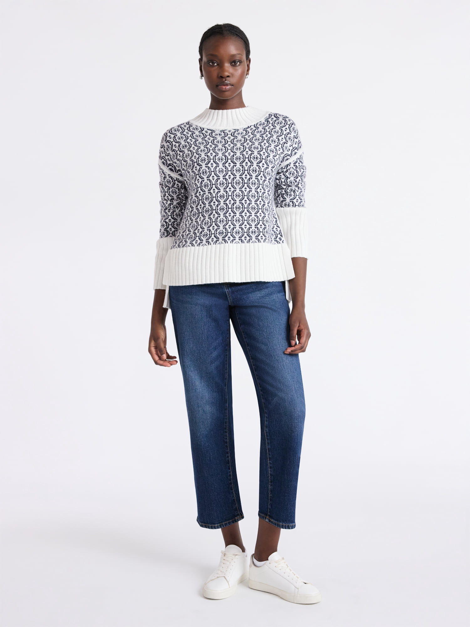 Free Assembly Women's Patterned Mock Neck Sweater with Tall Cuffs, Midweight, Sizes XS-XXL