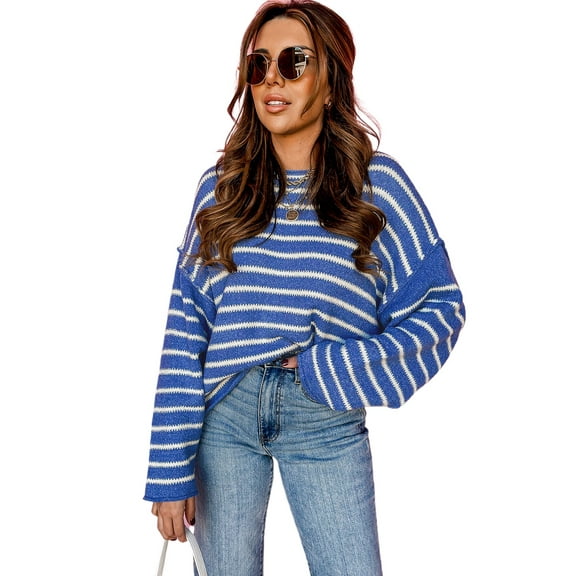 Women's Sky Blue Stripe Drop Shoulder Casual Sweater