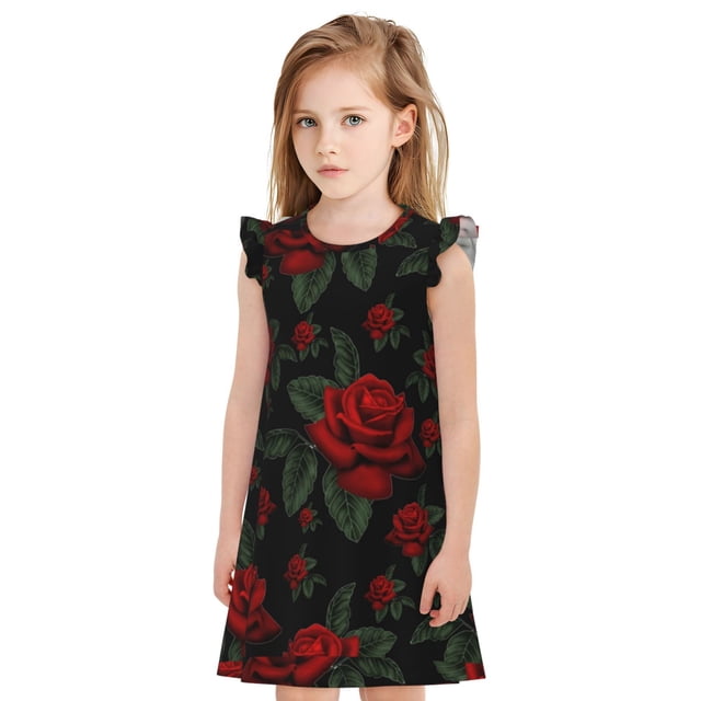 Fotbe Roses Vestido de Dormir para Niñas de 3 a 10 Años, Mangas Cortas, Estilo Princesa, Pijama Camisón con Mangas Voladas-Large