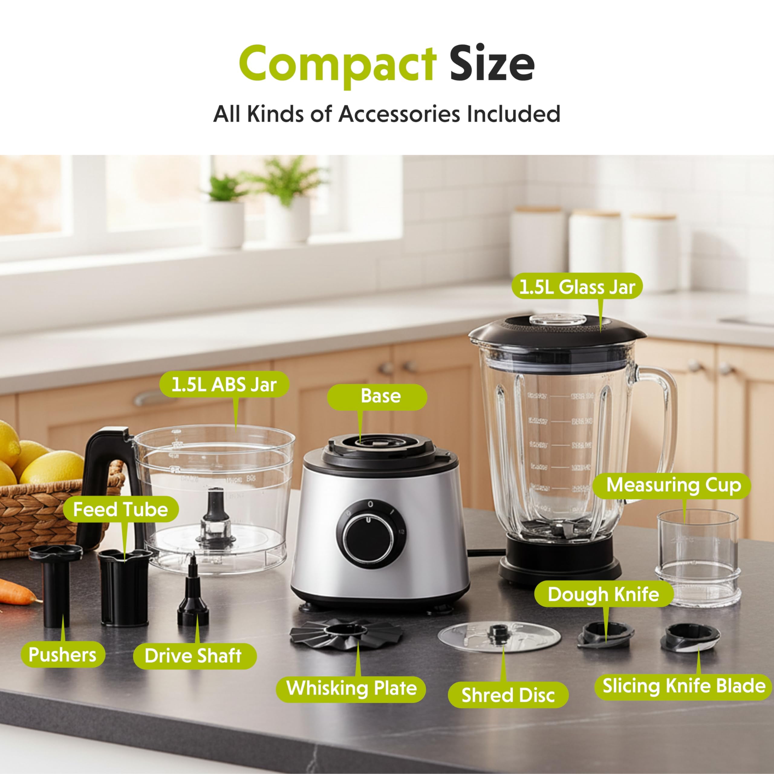 Plum Chef 6-Cup Food Processor Blender Combo, 1.5L Glass Jar Electric Food Chopper with 8 Attachments for Slicing, Dough, and Mincing, 2 Speeds & Pulse, Silver