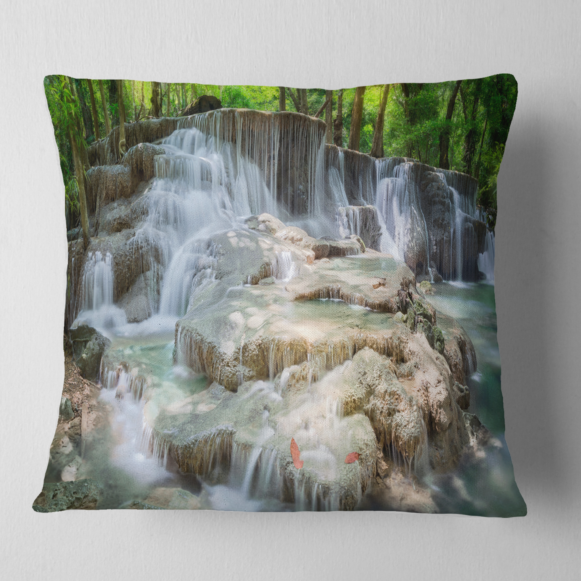 Designart White Huay Mae Kamin Waterfall - Landscape Photography Throw Pillow - 16x16
