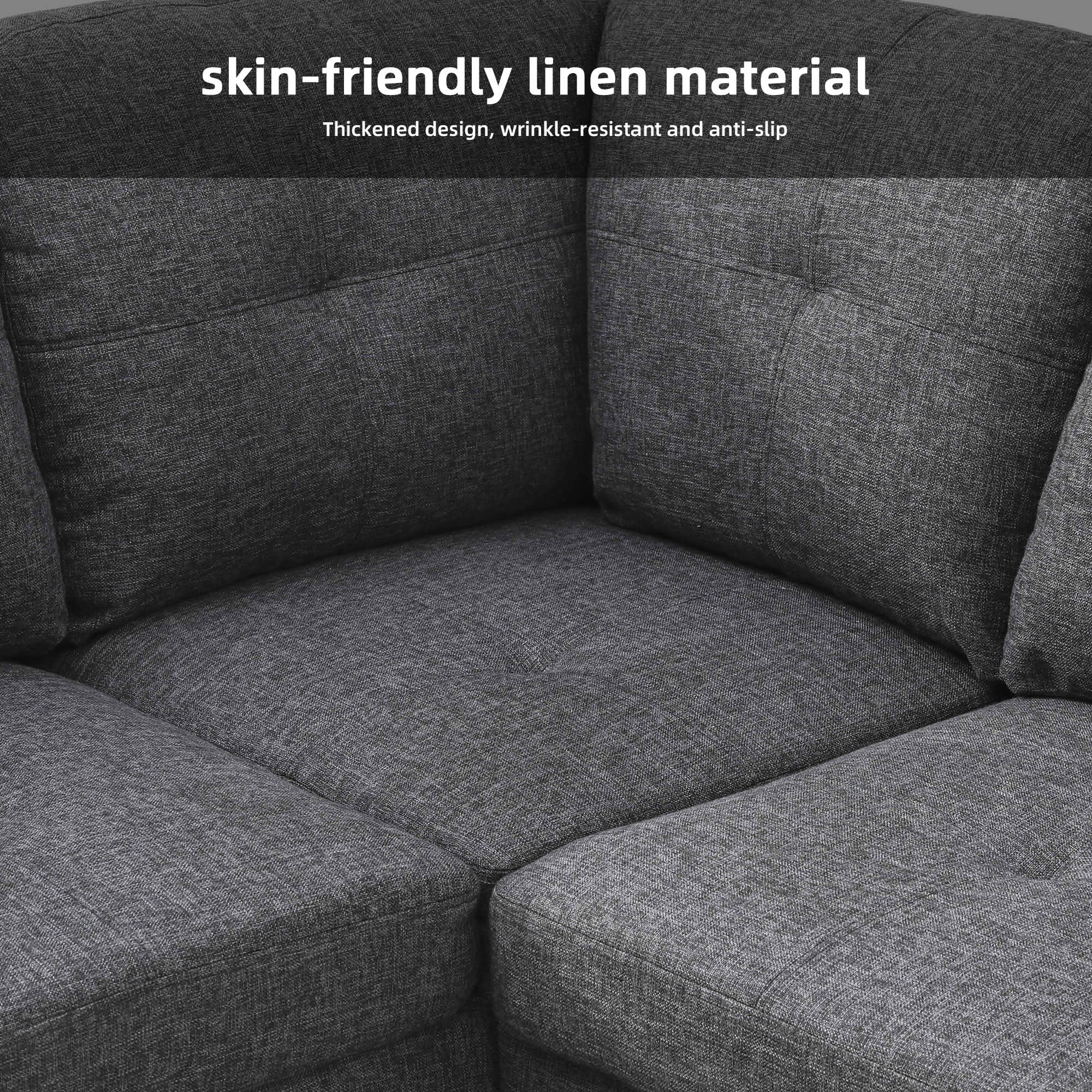 MAYEERTY 103.5" Black Gray Flannel & Faux Leather L-Shaped Sectional Sofa, 3 Piece Tufted Corner Couch with Storage Ottoman Solid Wood Frame