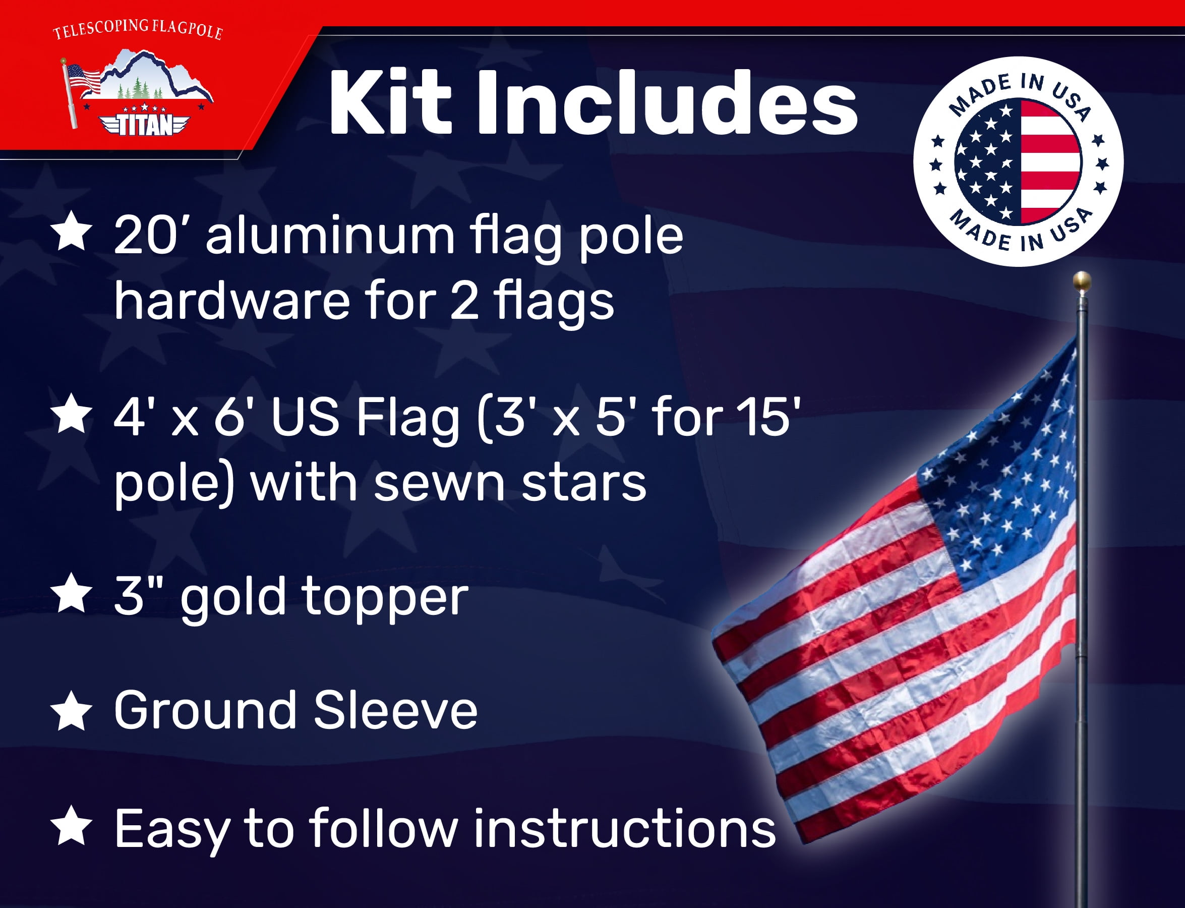Titan Telescoping Flag Poles, Bronze 20ft- Heavy Duty Aluminum Flag Pole Kit, Kit Includes, Telescoping Flagpole, Hardware to Hang 2 flags, 4 x 6 American Flag, and Installation Instructions