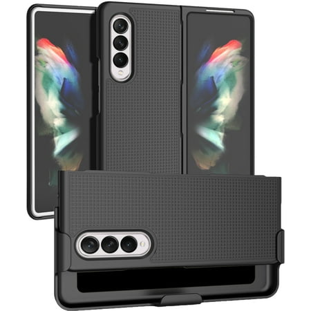 Case with Clip for Galaxy Z Fold 3 5G, Nakedcellphone Grid Texture Slim Hard Cover and Custom Belt Hip Holster Holder View Stand Combo for Samsung Z Fold3 Phone (SM-F926) 2021 - Black Tread