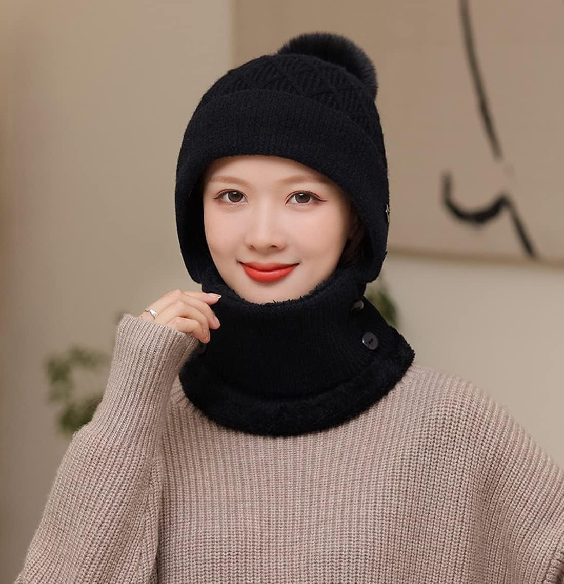 Zhengup Women Winter Beanie Hats One Piece Fleece Lined Knit Balaclavas Mask Set Skull Neck Circle Scarf Ski Snow Hat Pompom