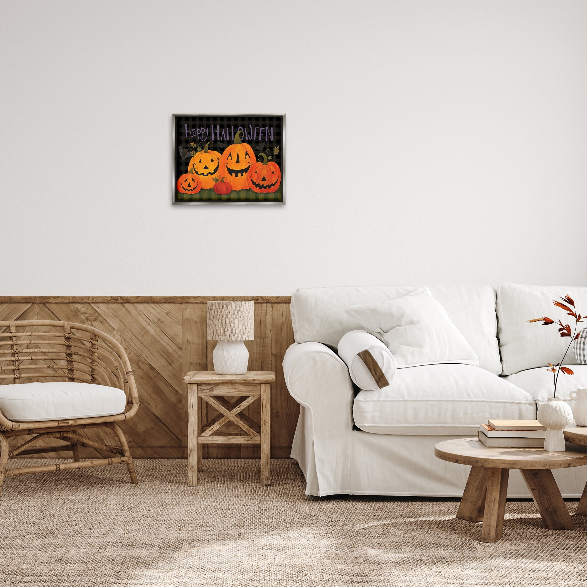 Stupell Industries Halloween Smiling Jack-o-Lanterns Holiday Painting Gray Floater Framed Canvas Art Print Wall Art, 21 x 17