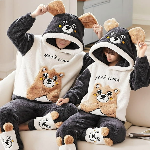 Pijama grande de terciopelo coral grueso para hombre y mujer, traje de otoño e invierno de franela con bordado de dibujos animados, traje de casa para hombre y mujer.