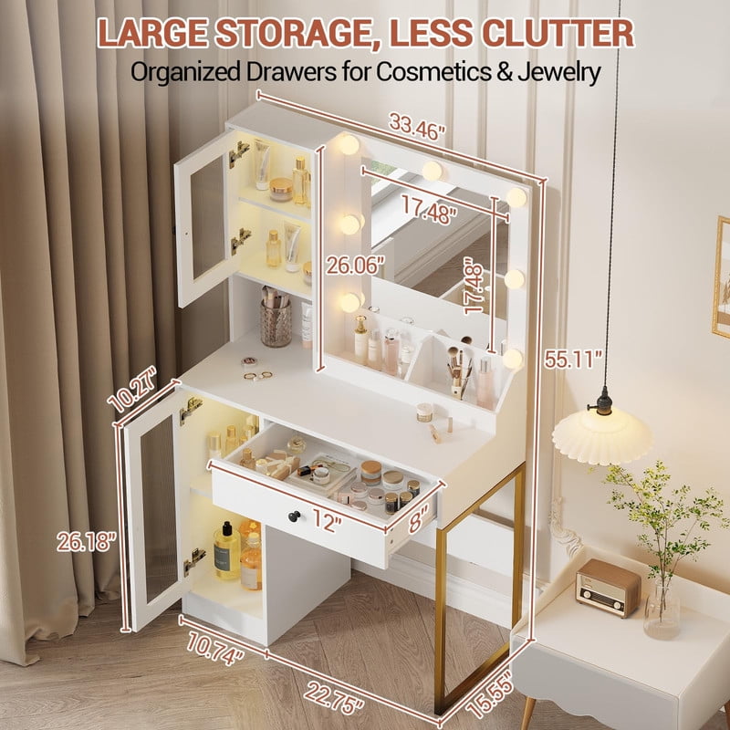 TROPOW Vanity Desk with Mirror and Lights Elegant Makeup Vanity Table with Drawers & Cabinets, Storage, Sturdy MDF Top, Adjustable Brightness Bulbs, Built-in Power Outlet & USB Ports,White