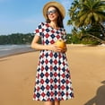 thumbnail image 4 of Goofa Blue And Red Diamond Pattern Women Summer Short Sleeve Midi Dress with Pockets Casual Aline Flowy Tshirt Dress Vocation Beach Sundress, 4 of 6