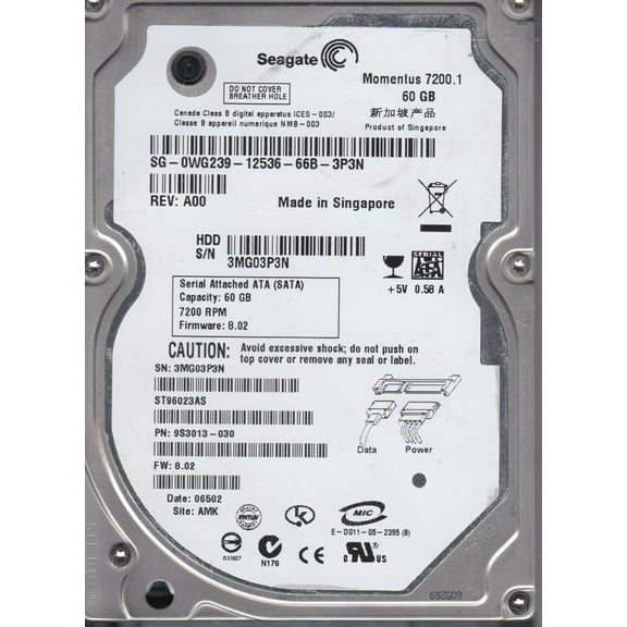 ST96023AS, 3MG, AMK, PN 9S3013-030, FW 8.02, Seagate 60GB SATA 2.5 Hard Drive