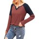 thumbnail image 3 of Camisa de Mujer Cuello en V Contraste Color Manga Larga Top Camiseta Interior Poliéster para Otoño Invierno Rojo XXL, 3 of 6