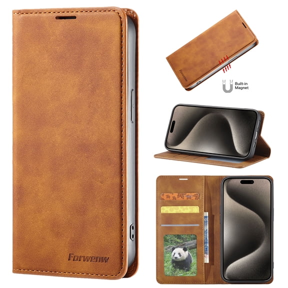 Wallet Case For iPhone 18 Pro, Premium PU Leather Flip Kickstand Folio Cover with RFID Blocking 3 Card Slots ID Window Cash Pocket Magnetic Closure Shockproof Phone Cover, Brown