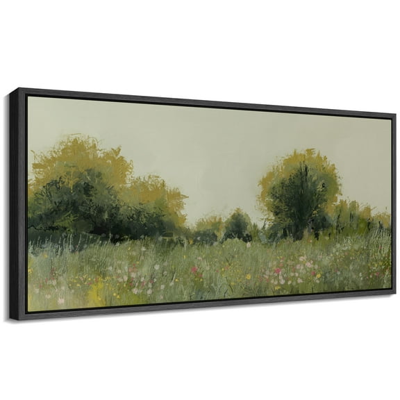 Large Framed Canvas Print Serene Countryside Meadow with Wildflowers LandscapeWall Art Decorative Ready to Hang Painting for Living room Bedroom 60x30 inches Black Frame