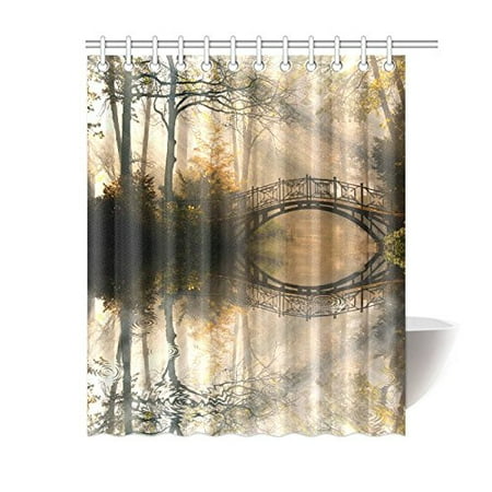 MYPOP Mystic Bridge Sunlight into the Fall Quiet Park Trees Foggy View River Reflection Lake House Decor Decorations Shower Curtain 60 X 72 Inches, Yellow Brown Dark Green