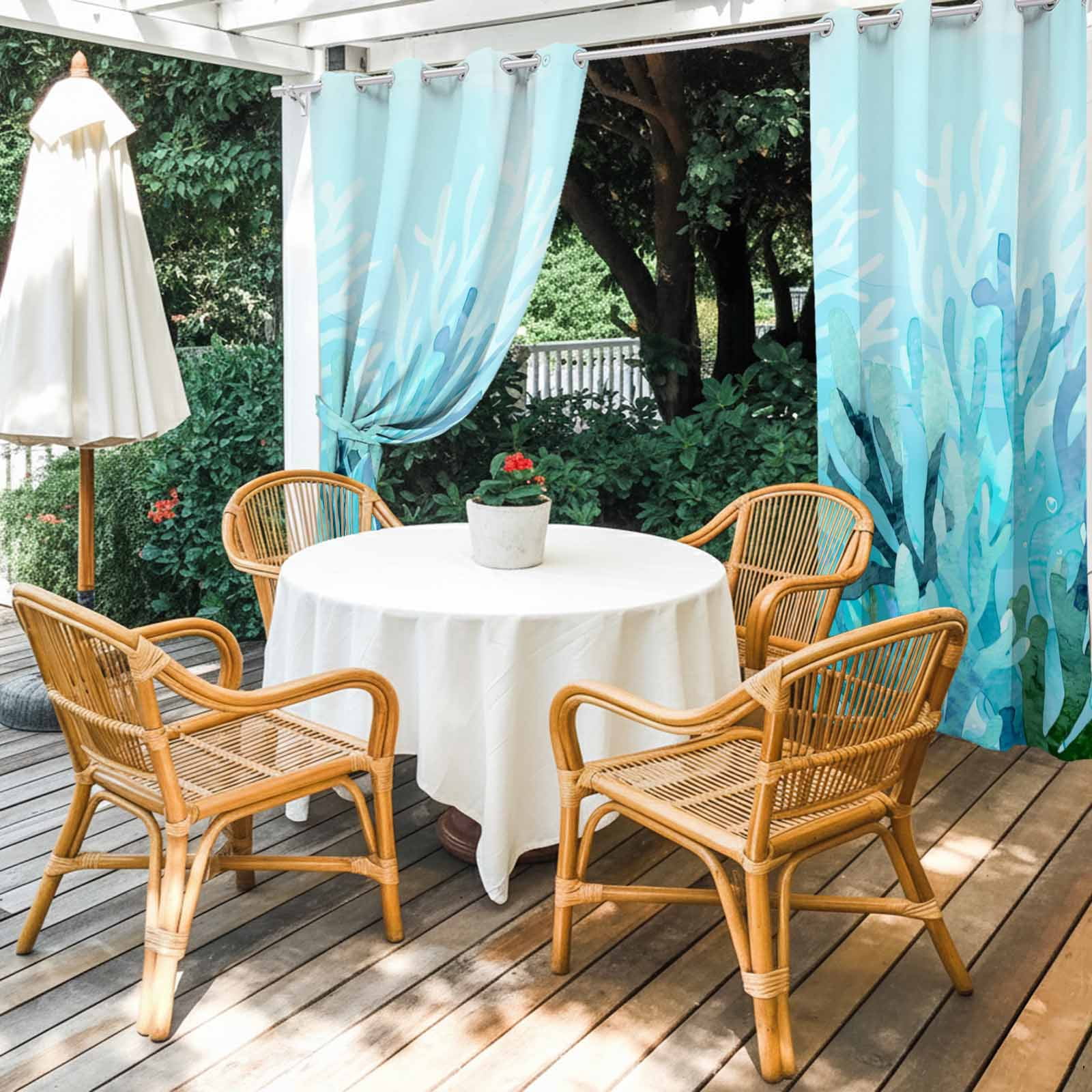 Blue Gradient Coral Outdoor Curtains for Patio, Ocean Coastal Sea Watercolor Coral Sunshade Privacy Drapes Grommet Waterproof Outside Curtains for Porch/Cabana/Balcony 54"x 108", 1 Panel