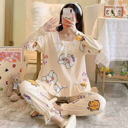 

CoCopeaunt Pajamas womens suit autumn and winter two-piece suit sweet and lovely princess style can be worn out in home clothes